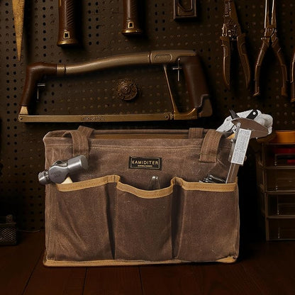13.5-Inch Foldable Open Top Waxed Canvas Tool Bag, Multi-Purpose Wrench Tool Pouch with Handle, Durable and Water Resistant(Grey)