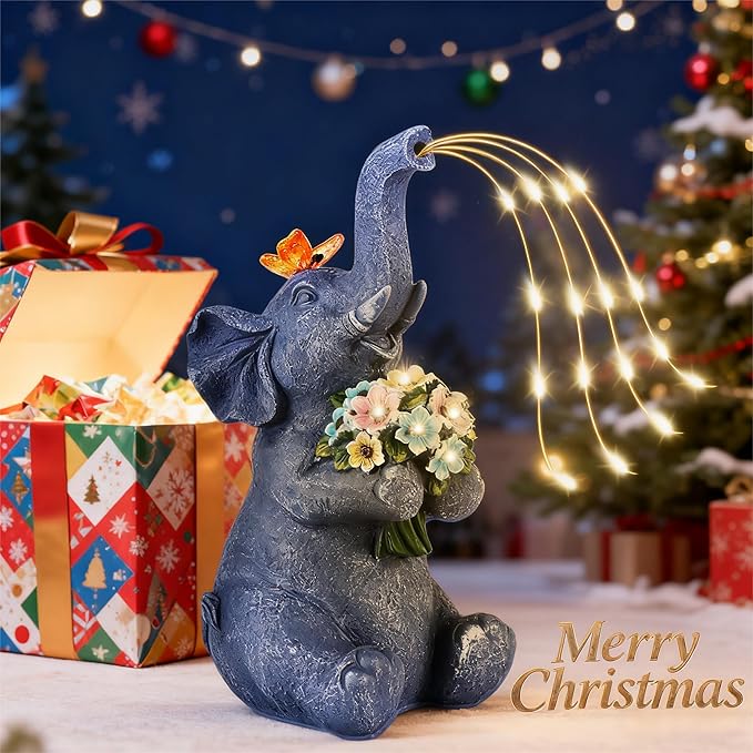 Solar Garden Elephant, Lights Watering Decor, Animal Statue Outdoor, Fairy Garden Accessories,Patio,Yard,Balcony Decorations, Lawn Ornament, Housewarming, Birthday,Mothers Day Mom Gifts