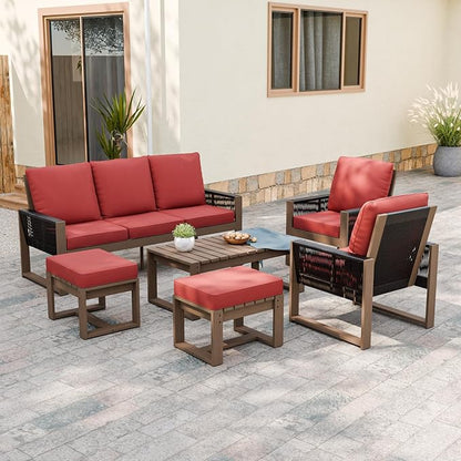 Rustic Hideaway Natural Cedar Wood Outdoor Furniture Set, Wicker Patio Conversation Set for Porch Garden Backyard, Couch, 2 Patio Chairs, Coffee Table and 2 Ottomans, 6 Piece, Brownish/Red