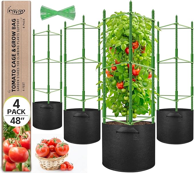 Legigo 4 Pack 48 Inch Tomato Cages with 10 Gallon Grow Bags- Tomato Trellis Plant Support Stakes Planter, Garden Cages Trellis for Vertical Climbing Plants Vegetables Flowers Fruits