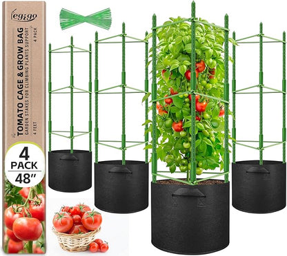 Legigo 4 Pack 48 Inch Tomato Cages with 10 Gallon Grow Bags- Tomato Trellis Plant Support Stakes Planter, Garden Cages Trellis for Vertical Climbing Plants Vegetables Flowers Fruits