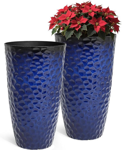23.75" H Large Tall Outdoor Planters, Set of 2 Plastic Large Flower Pots for Outdoor Plants, Gradient Cobalt Blue Honeycomb Textured, Weather-Resistant for Porch, Garden, Patio or Indoor Use