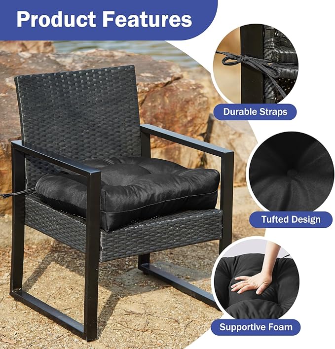 IPYNBAP Outdoor Chair Cushions Set of 4, Patio Chair Cushions with Ties,19x19+5” Tufted Outdoor Seat Cushions, Waterproof Patio Furniture Cushions, Outdoor Dining Chair Pads, Black
