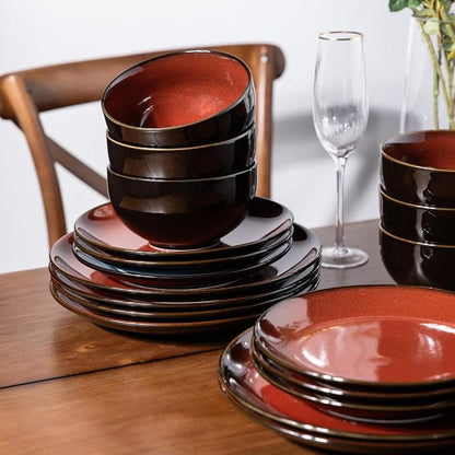 LeRatio Ceramic Dinnerware Sets for 6,Stoneware Plates and Bowls Sets,Handmade Reactive Glaze Dishes Set,Chip Resistant and Scratch Resistant | Oven&Dishwasher & Microwave Safe,Service for 6-Red