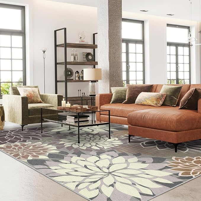 4x6 Washable Rug for Living Room Tropical Botanical Modern Floral Chenille Area Rugs Low Pile Non Slip Carpet for Patio, Bedroom, Laundry, Taupe