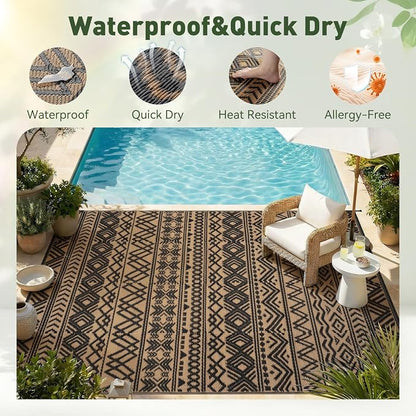 MontVoo Outdoor Rug 8x10 Waterproof Outdoor Patio Rug Mat Reverisble Plastic Straw Outdoor Rug for RV Camping Picnic Beach Balcony Boho Black Brown