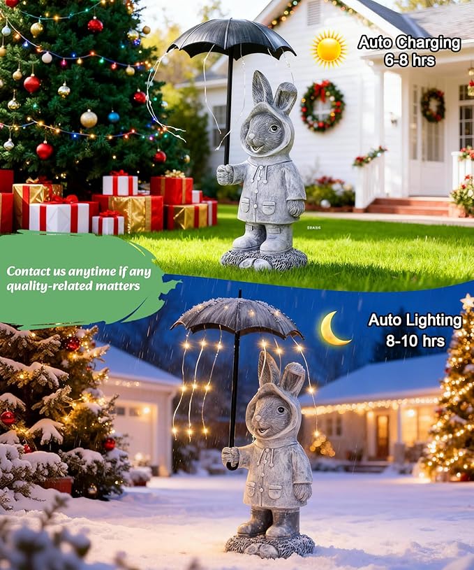 Solar Rabbit Garden Statue Outdoor Decor, Bunny Figurines Lights with Umbrella for Outside Yard Lawn Ornaments,Gifts for Mother's Day Birthday Easter Housewarming(Grey)