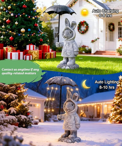 Solar Rabbit Garden Statue Outdoor Decor, Bunny Figurines Lights with Umbrella for Outside Yard Lawn Ornaments,Gifts for Mother's Day Birthday Easter Housewarming(Grey)