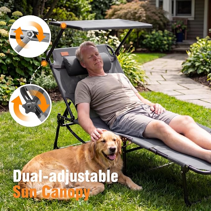 Tanning Chair with Face Hole & Canopy, 28'' Extra Wide, Support 400LBS | Folding Chaise Lounge Chair with 4-Position Adjustable Backrest for Beach, Pool, Patio & Camping, Light Grey