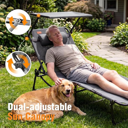 Tanning Chair with Face Hole & Canopy, 28'' Extra Wide, Support 400LBS | Folding Chaise Lounge Chair with 4-Position Adjustable Backrest for Beach, Pool, Patio & Camping, Light Grey