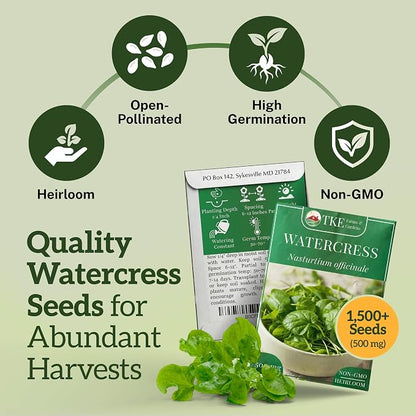 TKE Farms & Gardens - Watercress Seeds for Planting, 1500+ Non-GMO Heirloom Seeds, Grow a Nutrient-Rich Superfood, Easy for Indoor & Outdoor Gardens, Includes Planting Instructions, Qty 1
