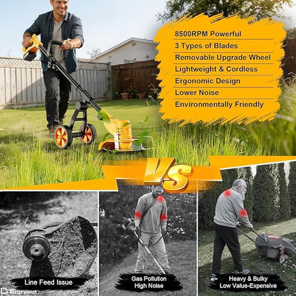 Electric Weed Wacker Cordless with Wheels,Electric Weed Eater Battery Powered 4000mAh,4 in 1 Grass Trimmer/Brush Cutter/Grass Edger/Small Lawn Mower,No String Trimmer with Blade, 2 Battery (Yellow)