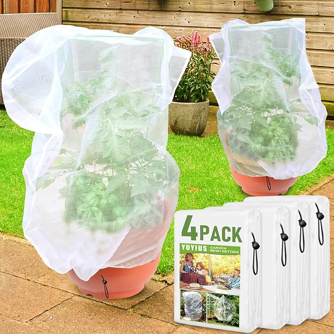 Fruit Tree Netting, Plant Mesh Netting for Garden Protection, Blueberry Bush Insect Netting Cover as Garden Pest Barrier from Cicadas, Bug, Bird (3.3x4.9 FT, 4Pcs, with Drawstring Design)