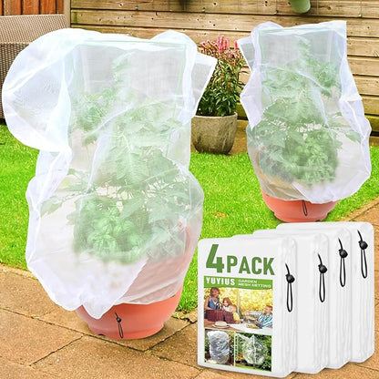 Fruit Tree Netting, Plant Mesh Netting for Garden Protection, Blueberry Bush Insect Netting Cover as Garden Pest Barrier from Cicadas, Bug, Bird (3.3x4.9 FT, 4Pcs, with Drawstring Design)