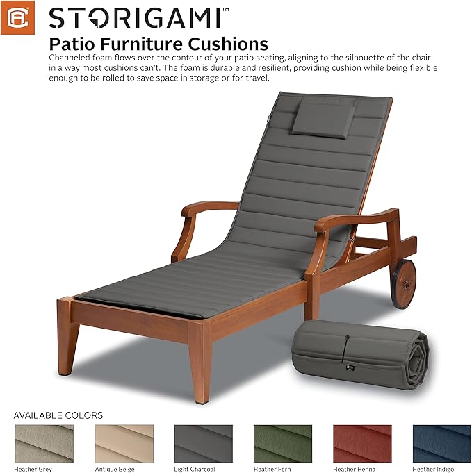Classic Accessories Storigami Water-Resistant 72 x 21 Inch Chaise Lounge Cushion, Light Charcoal, Patio Cushion