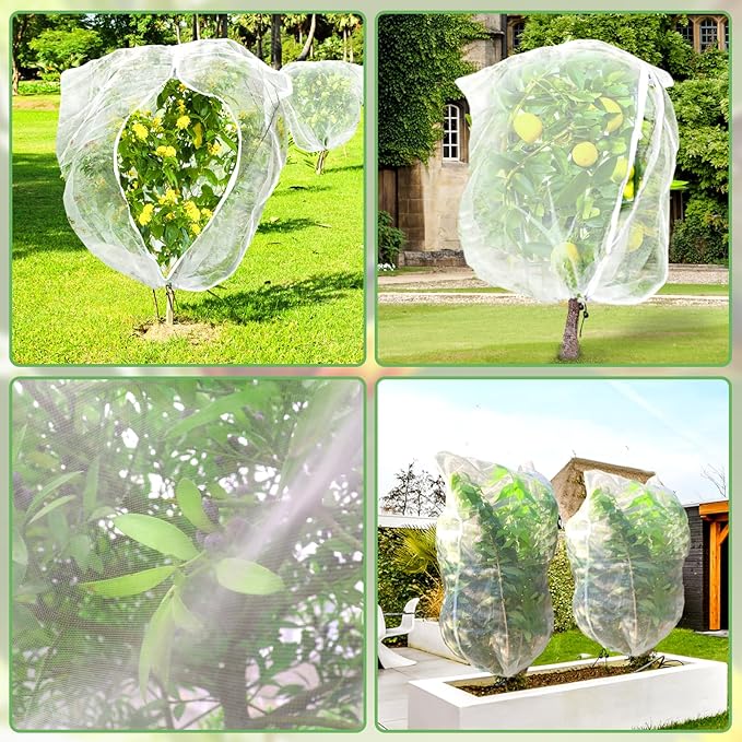 Fruit Tree Netting, Plant Mesh Netting for Garden Protection, Blueberry Bush Insect Netting Cover as Garden Pest Barrier from Cicadas, Bug, Bird (4.9x4 FT, 4Pcs, Zipper & Drawstring Design)