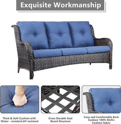 Rilyson Outdoor Patio Wicker Furniture Set - 6 Piece Rattan Patio Conversation Sectional Sofa Set with 1 Couch,2 Armchairs,2 Ottomans and 1 Glass Top Coffee Table for Porch Deck Garden(Brown/Blue)