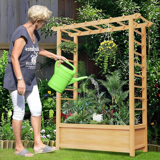 DoCred Raised Garden Bed with Trellis, Freestanding Wood Planter Box with Hanging Roof, Side Trellis Above Ground Elevated Garden Bed Outdoor Planter with Trellis for Climbing Plants Vines Patio