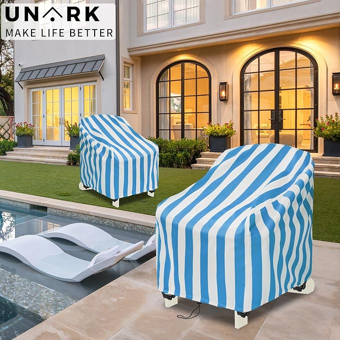 Adirondack Chair Covers Waterproof, Patio Chair Covers, Water Resistant Outdoor Furniture Protection, Heavy Duty With Air Vents, 30W 33D 33H Inches, Blue and White Stripe Pattern
