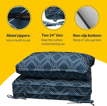 AAAAAcessories Outdoor Seat Cushions for Chairs, Fade-Resistant, Waterproof Patio Furniture Replacement Cushions, 24" x 24" x 5" + 24" x 13.5", Slate Blue Vine Trellis