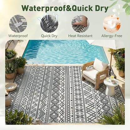 MontVoo Outdoor Rug Carpet Waterproof 10x14 Outdoor Patio Rug Mat Reverisble Plastic Straw Outdoor Rugs for RV Camping Picnic Beach Balcony Boho Grey Large