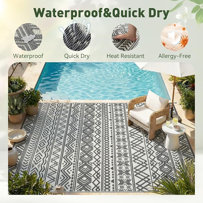 MontVoo Outdoor Rug Carpet Waterproof 9x18 Outdoor Patio Rug Mat Reverisble Plastic Straw Outdoor Rug for RV Camping Picnic Beach Balcony Boho Grey Large