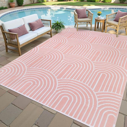 Anidaroel Rainbow Patio Rugs Outdoor 8’X10’ Waterproof, Reversible Camping Rug for Outside RV, Portable Plastic Straw Outdoor Area Rug for Backyard, Garden, Pool Deck (Pink, 8‘X10')