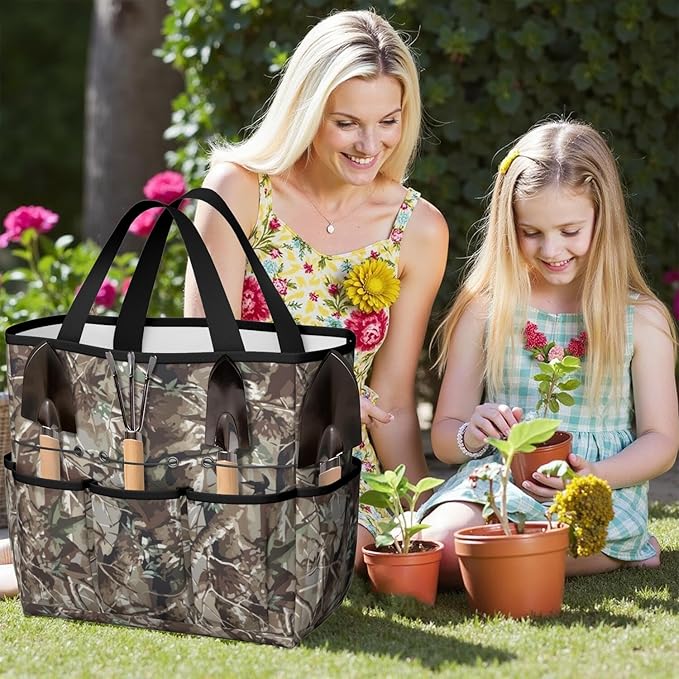 Green Camo Garden Tool Bag - Waterproof Garden Tote with 8 Pockets, Large Storage Home Organizer Gardening Tool Oxford Bag for Garden Tools Kits Holder, Ideal Outdoor Gardening Gift for Women & Men