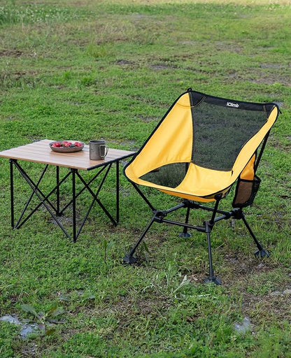 iClimb Ultralight Compact Camping Folding Beach Chair with Anti-Sinking Large Feet and Back Support Webbing (Yellow - Square Frame - 2PC)