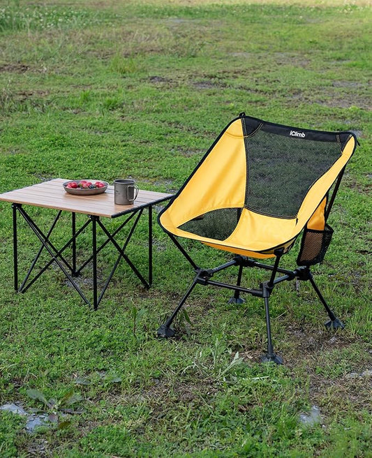 iClimb Ultralight Compact Camping Folding Beach Chair with Anti-Sinking Large Feet and Back Support Webbing (Yellow - Square Frame)