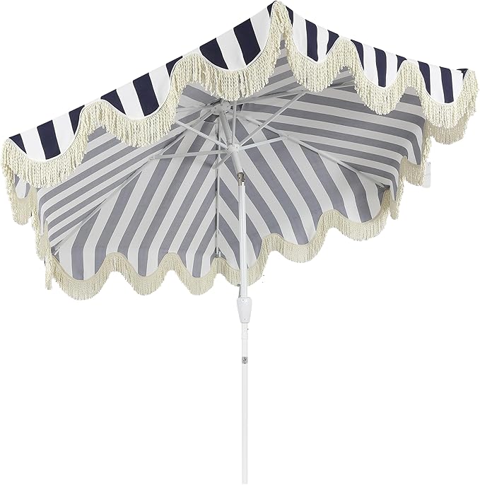 JONATHAN Y UMB1001 Collins 9 ft. Classic Cottage Tassel Market Patio Umbrella with Auto-Tilt, Crank, Wind Vent and UV Protection
