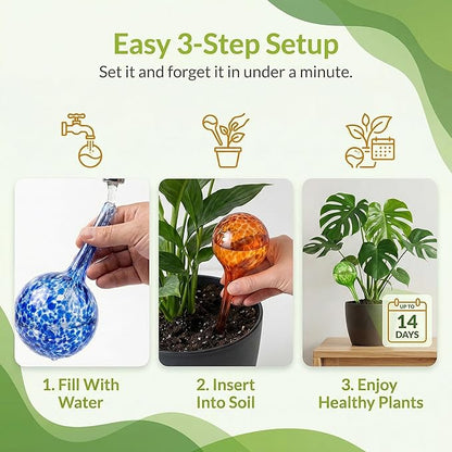 Little Green Leaf Automatic Plant Watering Globes Self Watering Planter Inserts (Set of 4) | Hands Free Multicolor Glass Bulbs | Planter Spikes to Support Indoor & Outdoor Plant Health (350ml)