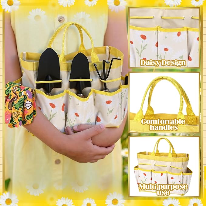 Lasnten 16 Pcs Mothers Day Garden Gift for Mom Women Dasiy Gardening Supplies Birthday Garden Tools Set from Daughters Gloves Apron Insulation Cup Fork Trowel Tote Bags for Planter Present