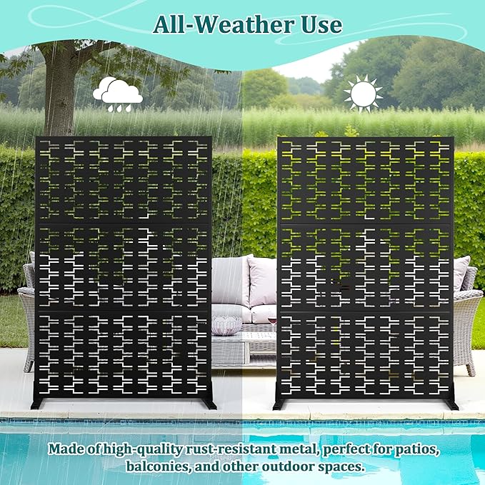 Metal Privacy Screen Outdoor Privacy Screen, Freestanding Fence Panel for Outside, 72''H×47''W, Decorative Screen Panel for Backyard/Patio/Deck