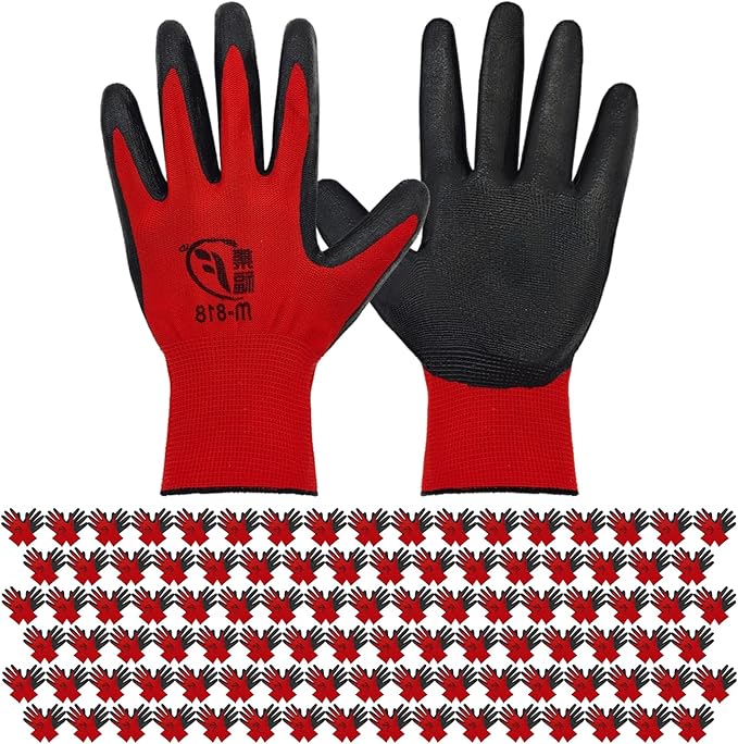 100 Pack Gardening Gloves Bulk for Men Women, Breathable Nitrile Rubber Coated Garden Gloves Dipped Gripping Work Gloves for Construction, Gardening