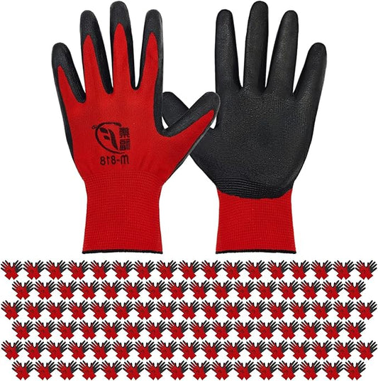 100 Pack Gardening Gloves Bulk for Men Women, Breathable Nitrile Rubber Coated Garden Gloves Dipped Gripping Work Gloves for Construction, Gardening