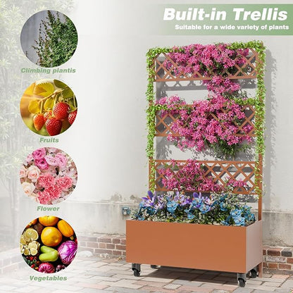 Kinchox Metal Raised Garden Bed with Trellis Outdoor Metal Planter Box with Planting Pockets Garden Box for Climbing Plants Privacy Planters for Patio