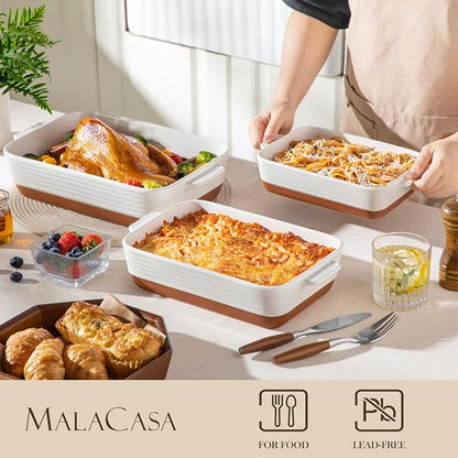 MALACASA Casserole Dishes for Oven, Ceramic Baking Dishes Set of 3, Baking Pan Casserole Dish Set, Rectangular Lasagna Pan Deep with Handles for Baking, Khaki White (14.5''/13''/10.5''), Series TARA