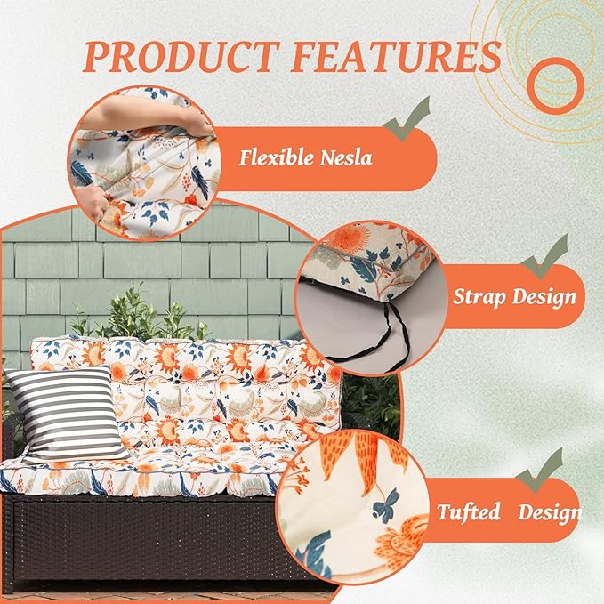 2/3 Seater Swing Replacement Cushion, Waterproof Porch Swing Cushions with Backrest, Thickened Bench Cushions for Outdoor Furniture, for Outdoor Patio Swing (Spring Warmth, 63 * 40in)