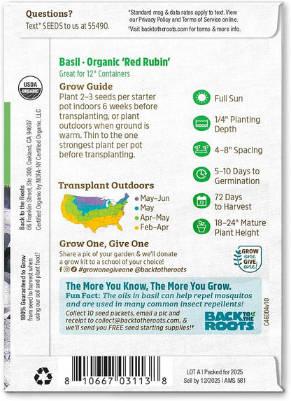 Back to The Roots 100% Organic Heirloom Seeds - Purple Red Basil Value Pack (600mg Total)