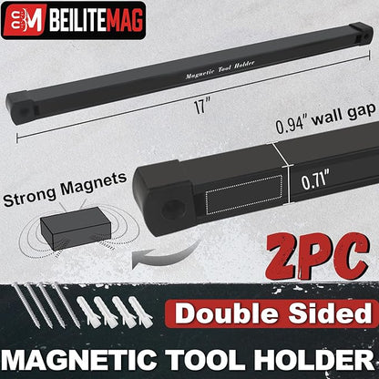 17 Inch Double Sided Magnetic Tool Holder, Heavy Duty Wall Mount Bar with Extra Strong Magnets for Screwdrivers Wrenches Pliers, Magnetic Tool Strips for Garage Workshop or Jobsite (2 Pack)