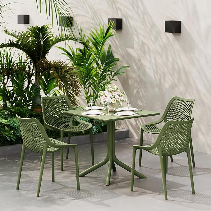 Costaelm Dining Room Chairs Set of 4, HDPE Patio Square Coffee Table and Stackable Chairs, Outdoor Deck Furnitures All Weather for Backyard Poolside, Olive Green