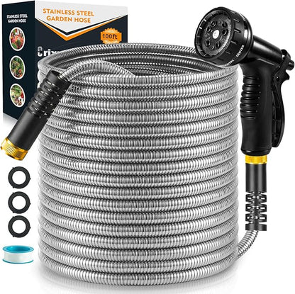 100ft Garden Hose, Heavy Duty Metal Water Hose 100 ft with 10 Function Nozzle, Flexible No-Kink, Pet-Proof & Puncture-Proof Stainless Steel Outdoor Hose for Yard