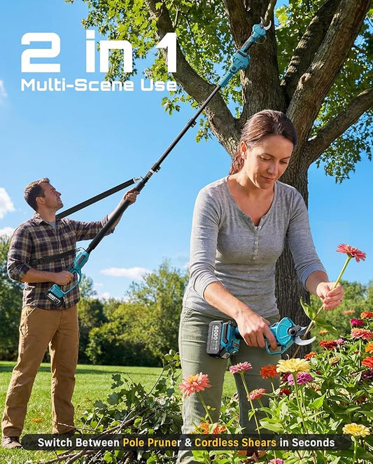 SEESII 2-in-1 Pole Pruning Shears: 1.6" Cutting Diameter Cordless Electric Pole Pruners - Brushless Motor, Dual 4.0Ah Batteries, Extra SK5 Blade, 4 Modes Adjustable Branches Cutter for Tree & Flower