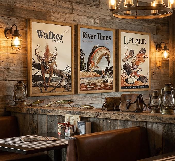 3Pcs Framed Retro Hunting Canvas Wall Art Outdoorsy Wild Animal Wall Decor Pictures Nature Wilderness Deer Wild Duck Fishing Posters Prints Gift Send Hunter Dad for Living Room Bedroom Home Decoration