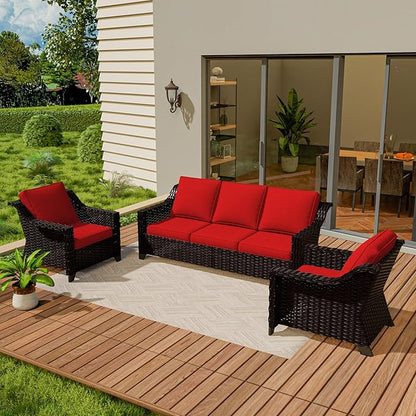 VistaVibe 3 Pieces Outdoor Patio Conversation Furniture Set - 78" 3-seat Sofa | 2 Wicker Chairs, Deep Seat Loveseat, Removable Cushions, Hand-Woven PE Rattan Couch, Balcony (Brown/Red)