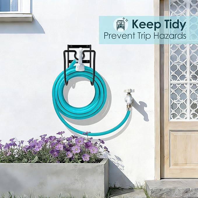 Hose Hanger Wall Mount, Metal Garden Hose Holder with Nozzle Groove for Outside Inside Water Hoses Extension Cords Air Lines, Black, 1 Pcs