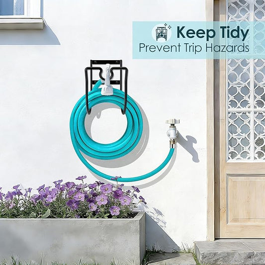 Hose Hanger Wall Mount, Metal Garden Hose Holder with Nozzle Groove for Outside Inside Water Hoses Extension Cords Air Lines, Black, 1 Pcs