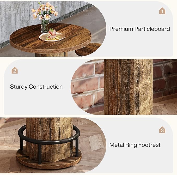 Tribesigns Round Commercial Dining Table Set of 4, 23.6" Heavy Duty Bar Table with Chairs, Wooden Kitchen Table for Restaurant, Cafe, Bakery, Apartment, Rustic Brown & Black