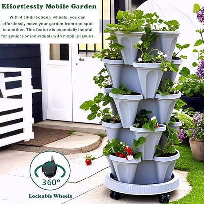 Strawberry Planters, 3 Tiered Vertical Stackable Planter, Herb Stacking Tower Garden, Flower Vegetable Planters with Support Pole, Indoor & Outdoor with Removable Wheels - White